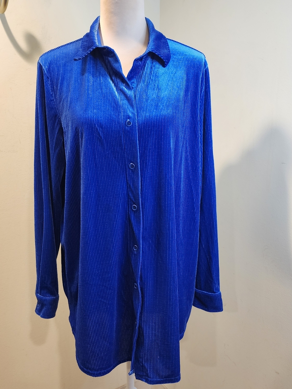 PHILOSOPHY Blue Velvet Button-Up Women's Boyfriend Shirt Sz L